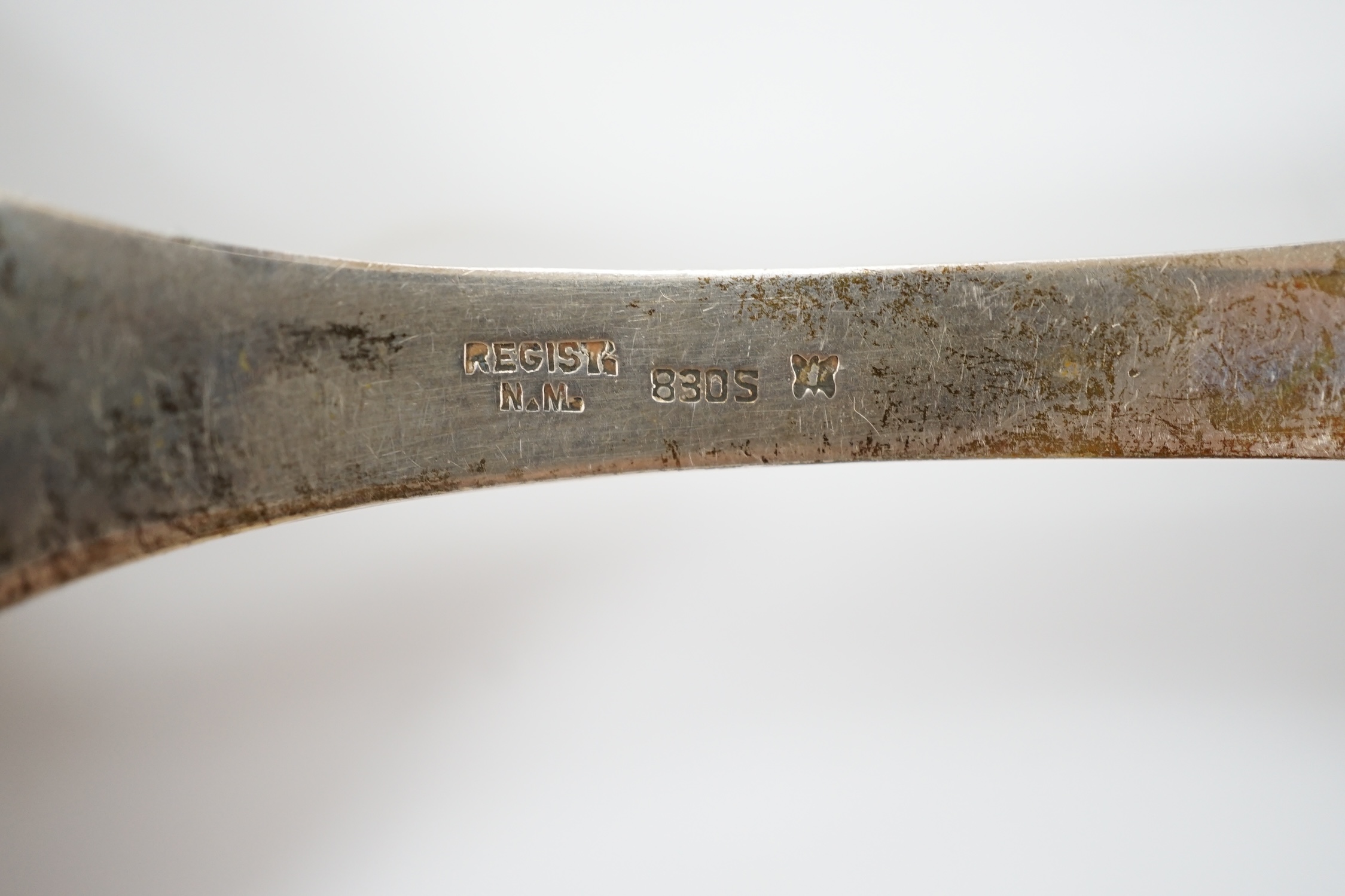 Five assorted early to mid 20th century Danish 830S spoons, largest 21.1cm, together with an Elizabeth II silver two handled presentation trophy cup with engraved inscription relating to the 'Tanganyika Coffee Growers As